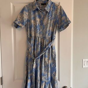 1. State Blue and Cream Tropical Midi Shirt Dress